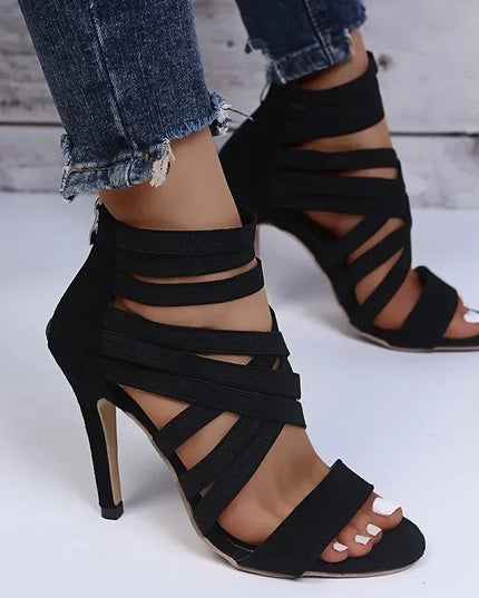 Elegant Peep Toe High Heels for Women with Elastic Band, Cross-Design, and Back Zipper Closure