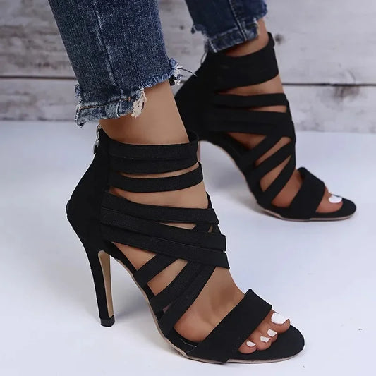 Elegant Peep Toe High Heels for Women with Elastic Band, Cross-Design, and Back Zipper Closure