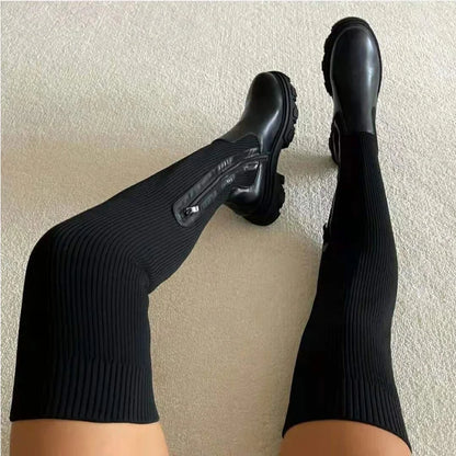 Women's Thigh High Boots - Breathable Knitted Sock Design with Thick Sole