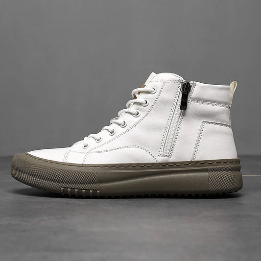 White high-top sneaker with a black zipper on a gray background