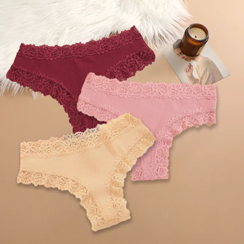 Set of 3 Women's Cotton Lace Panties - Floral Print & Trendy Patchwork Briefs