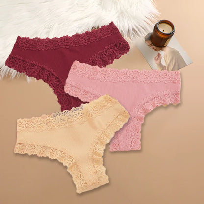 Set of 3 Women's Cotton Lace Panties - Floral Print & Trendy Patchwork Briefs