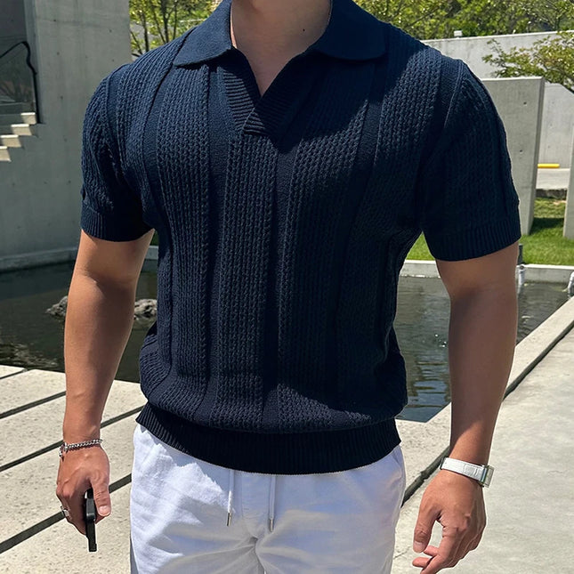 Men's Slim Fit Knitted Short Sleeve Mesh Polo Shirt with Lapel