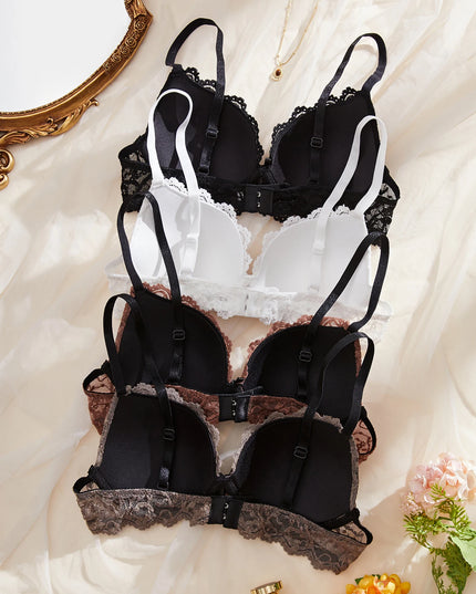 4-Piece Women's Lace Trim Set with Rhinestones - Push-Up Underwire Bra