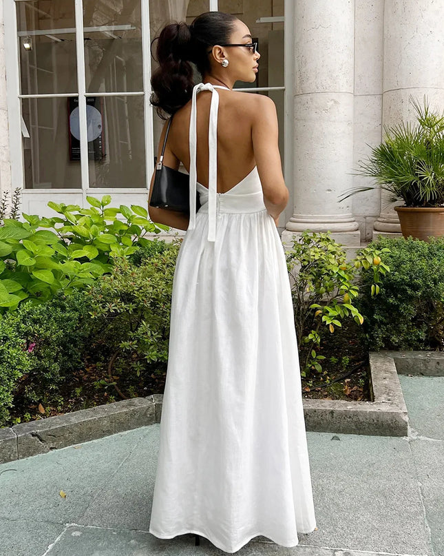 Women's V-Neck Long Cotton Camisole Dress with Waist Cinch