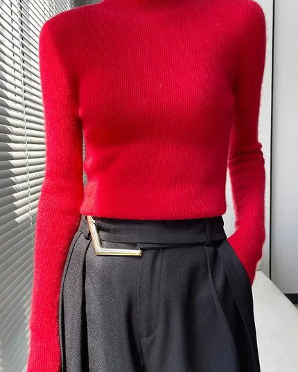 Ribbed Neck Sweater for Women - Fitted Knitted Pullovers