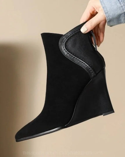 Women's Faux Leather Wedge Heels - Pointed Toe Suede Shoes with Zipper,