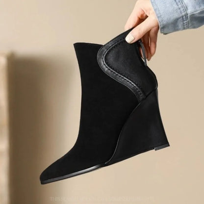 Women's Faux Leather Wedge Heels - Pointed Toe Suede Shoes with Zipper,