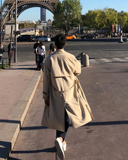 Mens Double-Breasted  Belted Trench Coat with Lapels