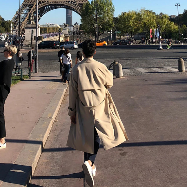 Mens Double-Breasted  Belted Trench Coat with Lapels