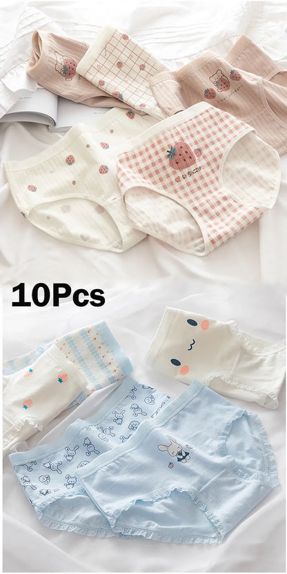 10Pcs Women's Cotton Panties – Comfortable Cartoon Print Underwear Set