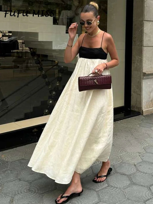 Women's High Waist Loose Sling Dress – Elegant Backless Square Collar Sleeveless Long Dress