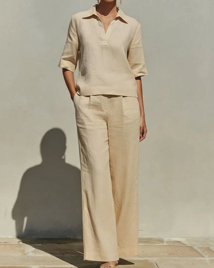 Women’s Two-Piece Set  V-Neck Short-Sleeve Sweater Top and High-Waisted Wide-Leg Pants