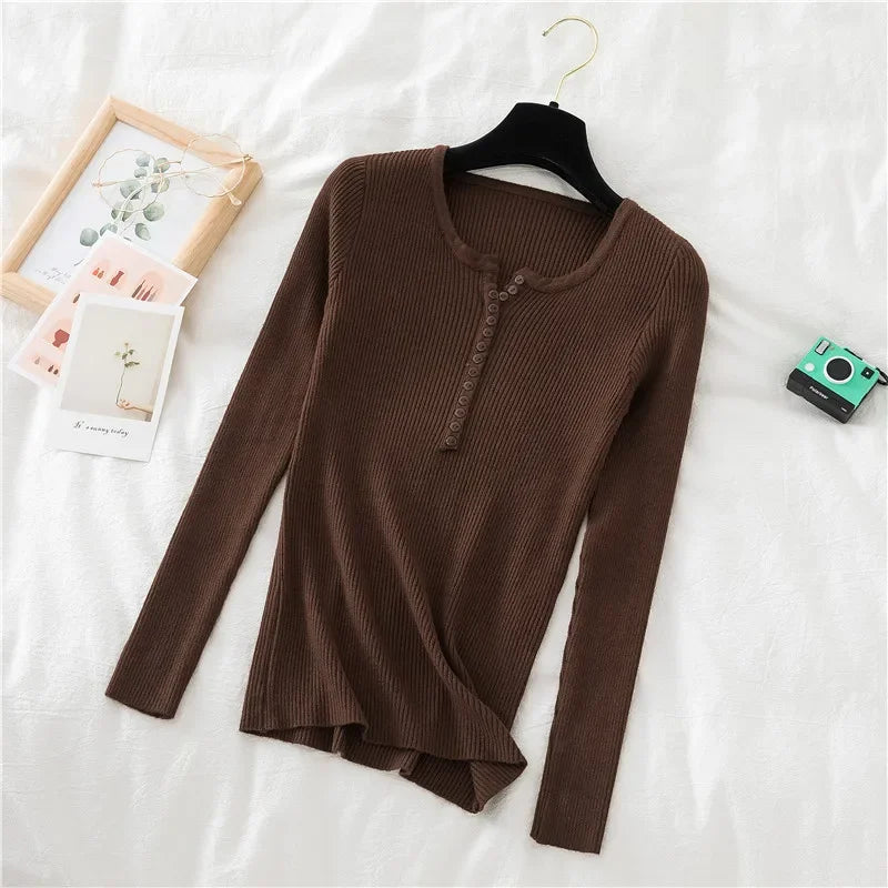 Women's Slim Fit Long Sleeve Knitted Sweater with Elastic Fit