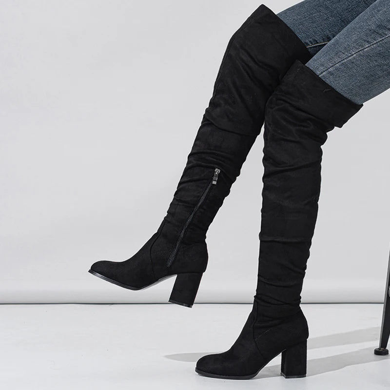 Women's Over-the-Knee Boots - Toe Zip, Thigh-High Shoes with Square Heels