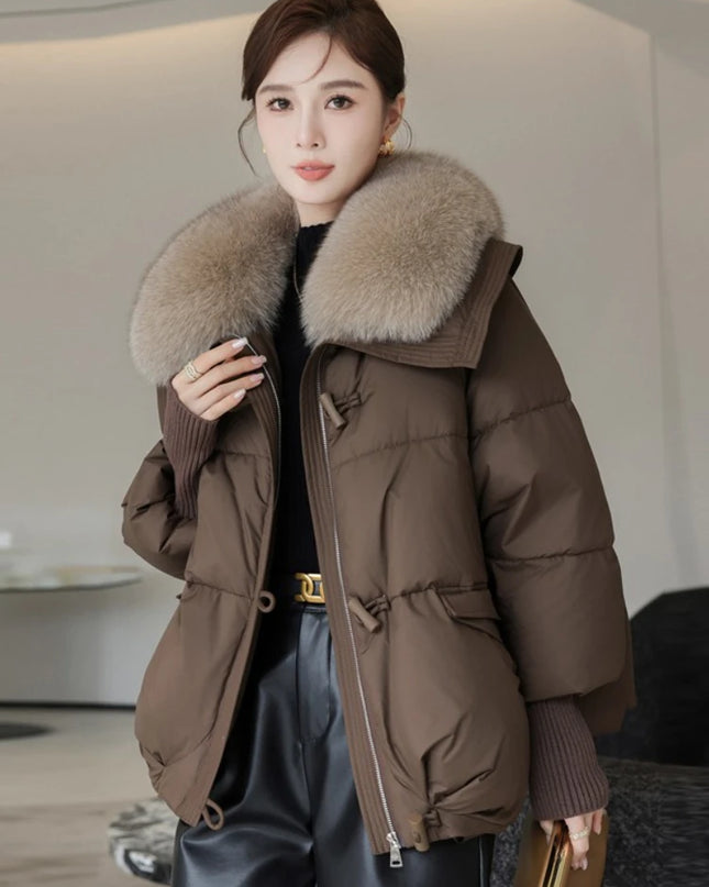 Women’s Short Padded Parka Jacket with Down Cotton, Fur Collar