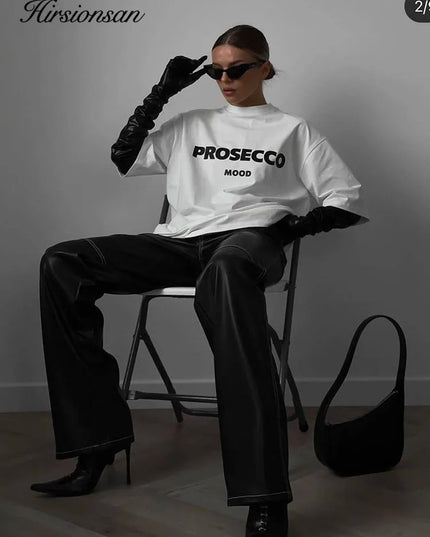 Cotton "Prosecco Mood" Print T-Shirt for Women - Casual Loose Fit Tee by Hirsionsan