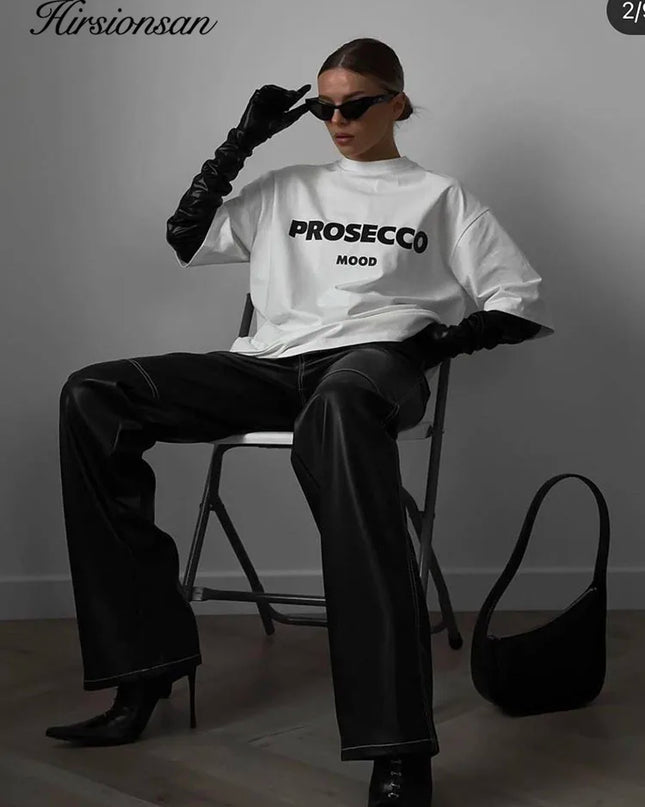 Cotton "Prosecco Mood" Print T-Shirt for Women - Casual Loose Fit Tee by Hirsionsan
