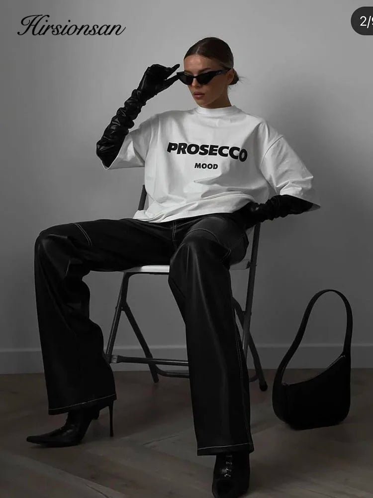 Cotton "Prosecco Mood" Print T-Shirt for Women - Casual Loose Fit Tee by Hirsionsan