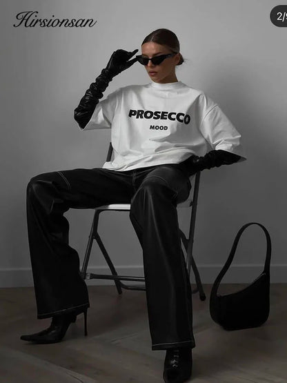 Cotton "Prosecco Mood" Print T-Shirt for Women - Casual Loose Fit Tee by Hirsionsan