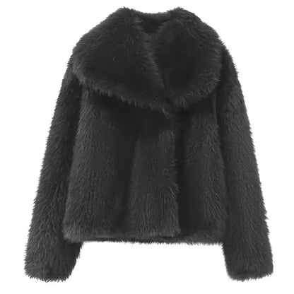 Women’s Plush Faux Fur Crop Jacket - Long Sleeve Stylish Coat