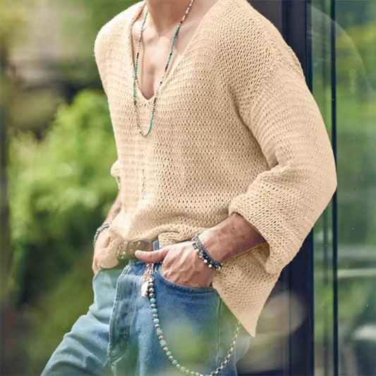 Men's Knit V-Neck Long Sleeve Hollow Out Loose Fit Sweater