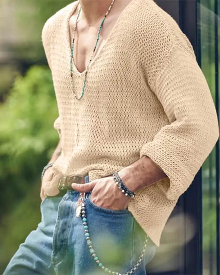 Men's Knit V-Neck Long Sleeve Hollow Out Loose Fit Sweater