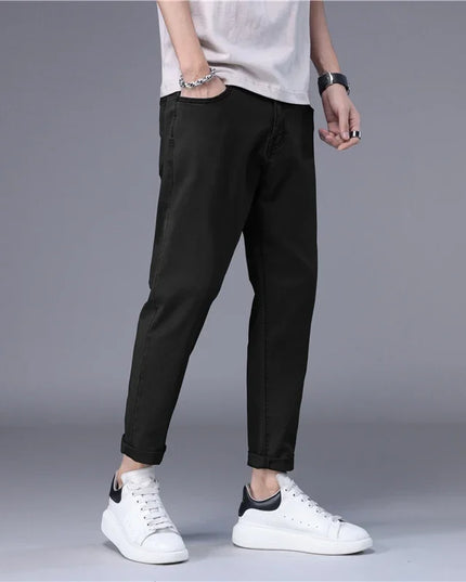Stylish Slim Fit Men's Korean Style Thin Jeans - Straight Foot Denim Cropped Pants for Men