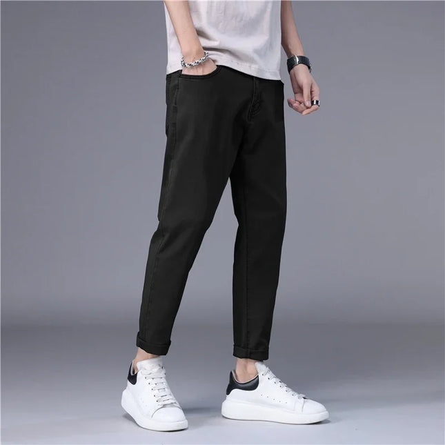 Stylish Slim Fit Men's Korean Style Thin Jeans - Straight Foot Denim Cropped Pants for Men
