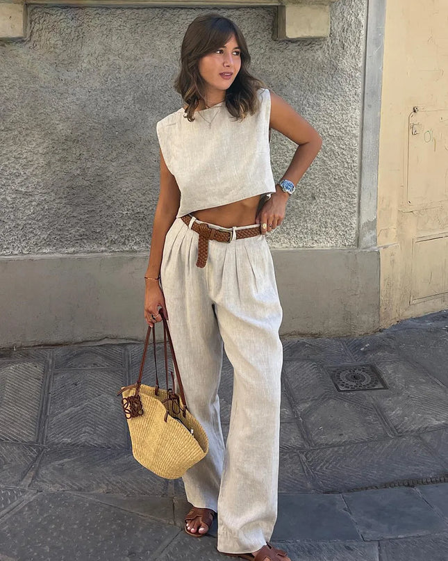 Women's Cotton Linen Two-Piece Vest and Pants Set