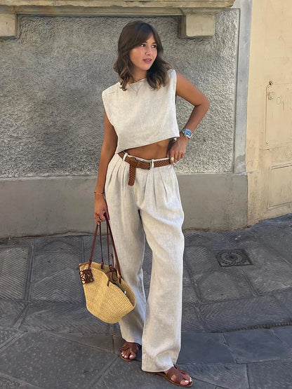 Women's Cotton Linen Two-Piece Vest and Pants Set
