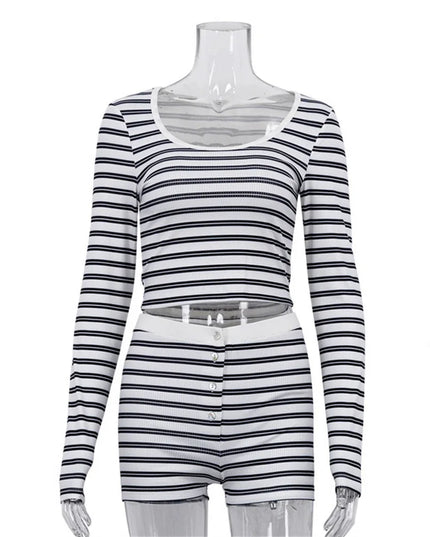 Women's Two-Piece Set: Long Sleeve Cropped Sweater and High-Waist Button-Front Slim Mini Shorts
