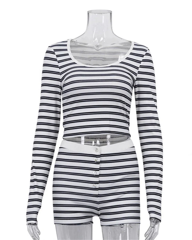 Women's Two-Piece Set: Long Sleeve Cropped Sweater and High-Waist Button-Front Slim Mini Shorts
