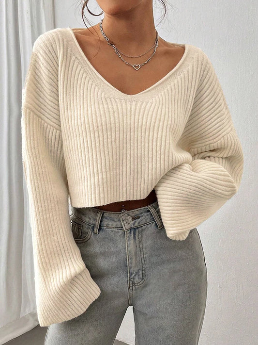 Women's V-Neck Knitted Stiped Sweater with Loose Fit
