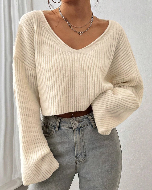 Women's V-Neck Knitted Stiped Sweater with Loose Fit