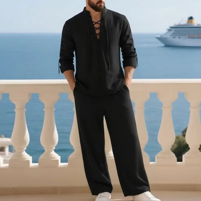 2-Piece Men's Cotton Linen Shirt and Pants Set
