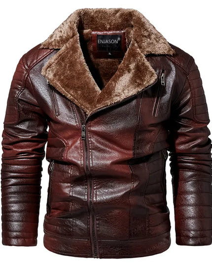 Men's Faux Leather Jacket with Fleece Fur Collar - Various Colors