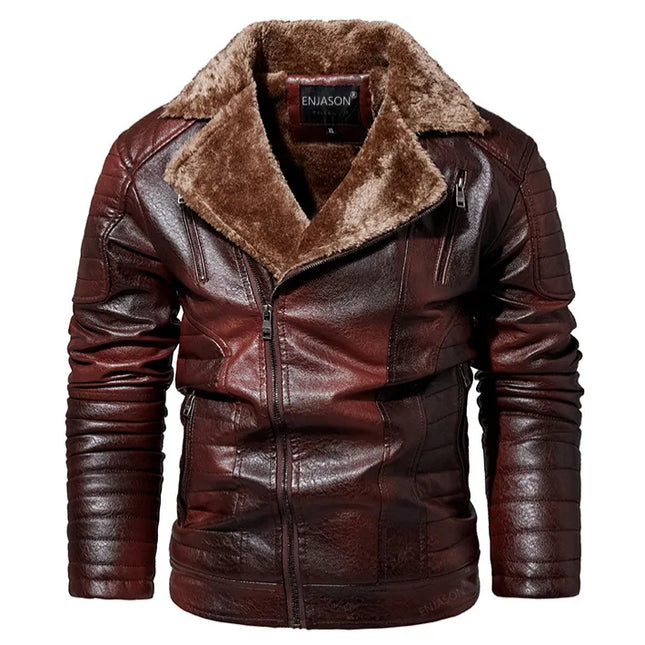 Men's Faux Leather Jacket with Fleece Fur Collar - Various Colors