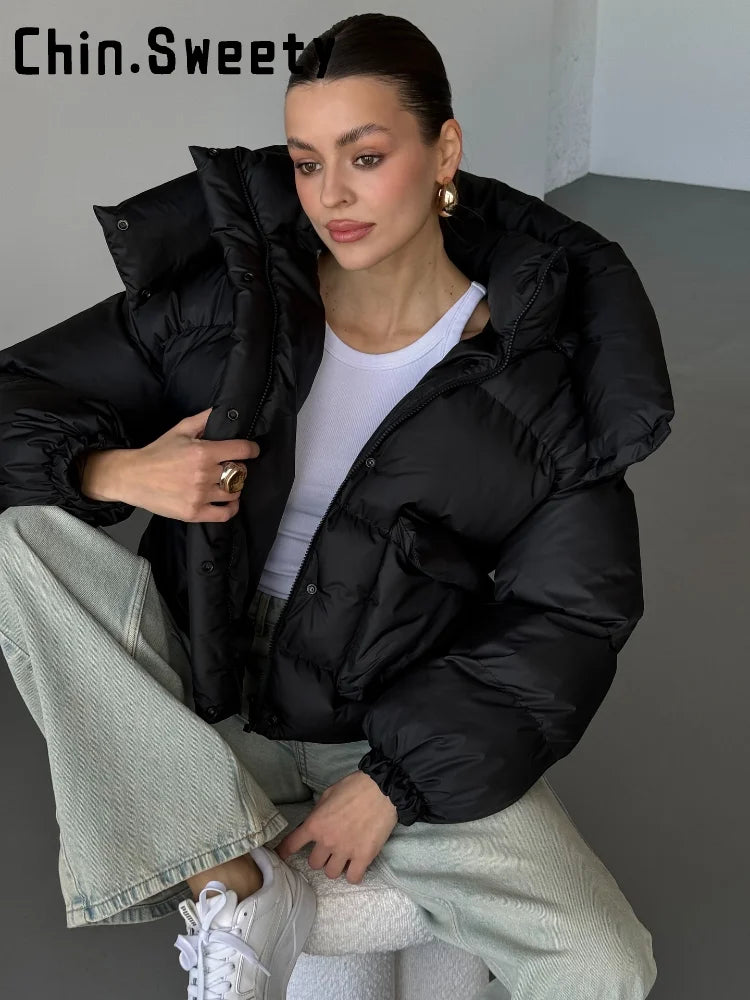 Women's Hooded Puffer Jacket with Stand Collar and Zipper Closure