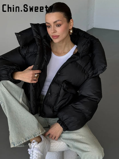 Women's Hooded Puffer Jacket with Stand Collar and Zipper Closure