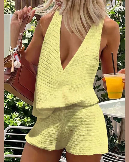Knitted Women's Two-Piece Set with Deep V-Neck Sleeveless Loose Vest and Lace-Up Short