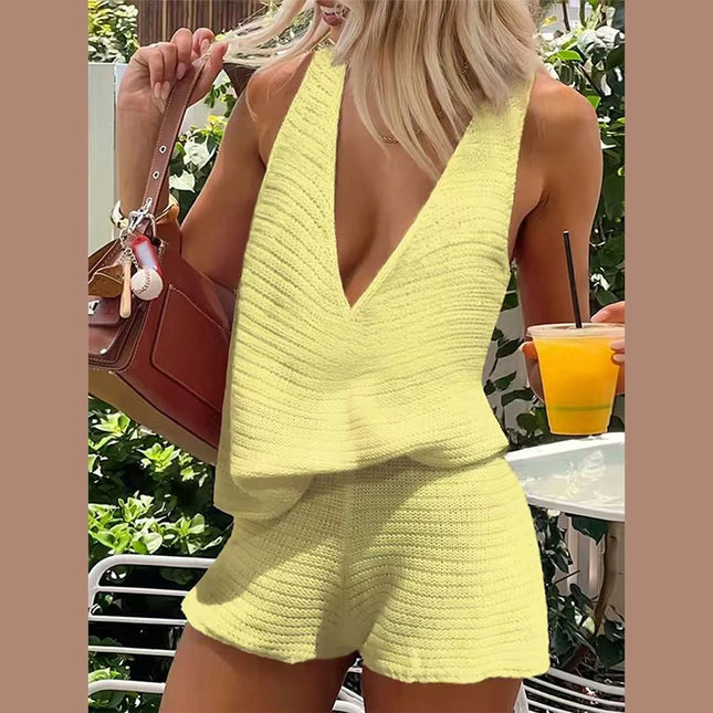 Knitted Women's Two-Piece Set with Deep V-Neck Sleeveless Loose Vest and Lace-Up Short