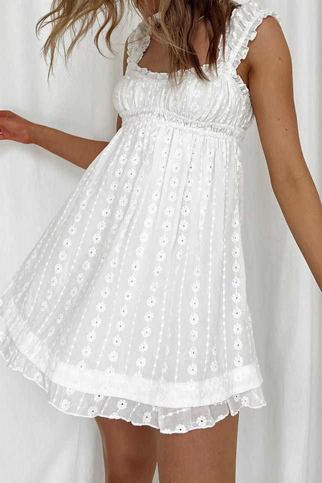 Women's Mini Dress with Low Cut, Floral Embroidery, and Ruffle Trim