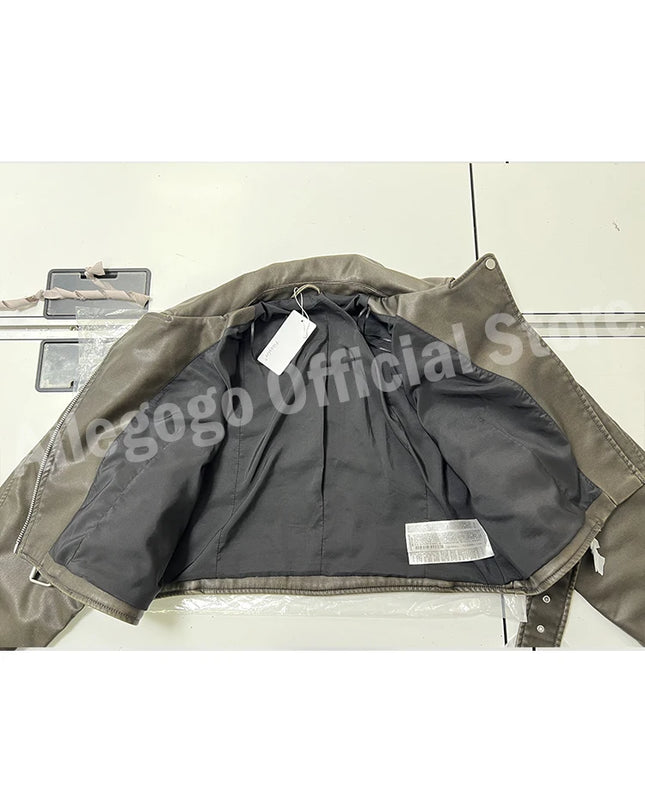 Vintage-Inspired Women’s Loose Faux Leather Short Jacket with Belt and Zipper
