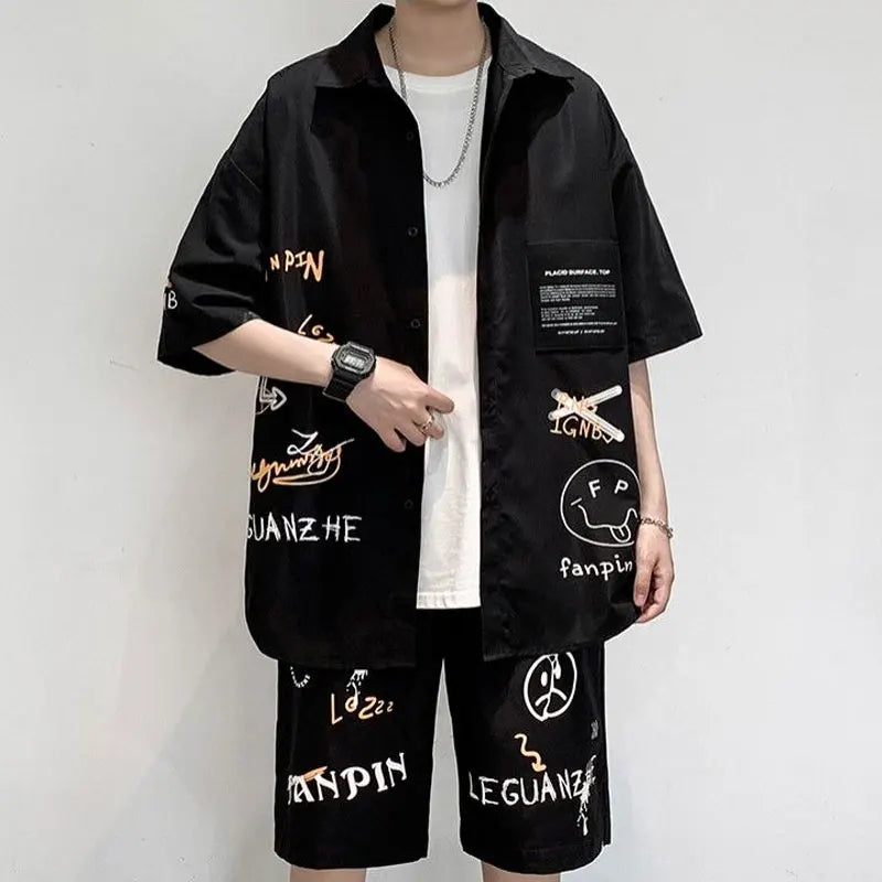 Men's Two-Piece Graffiti Print Loose Fit Button-Up Shirt & Shorts Set