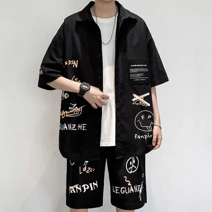 Men's Two-Piece Graffiti Print Loose Fit Button-Up Shirt & Shorts Set