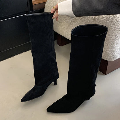 Embroidered Women's Pointed Toe High Knee Boots with Thick Heel - PU Leather