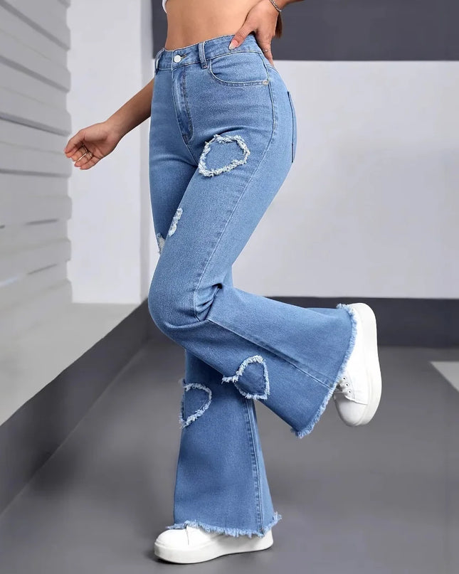 Women's Flared Pants - Hole Design, Boot Cut, Distressed, High Waist, Stretch